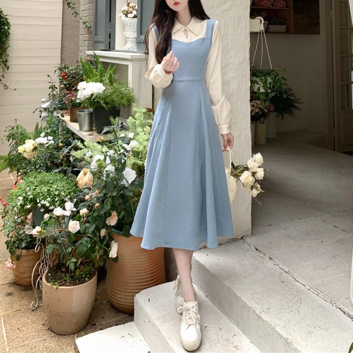 Tone Two-Piece Two Midi Long-Sleeve Mock Dress A-Line