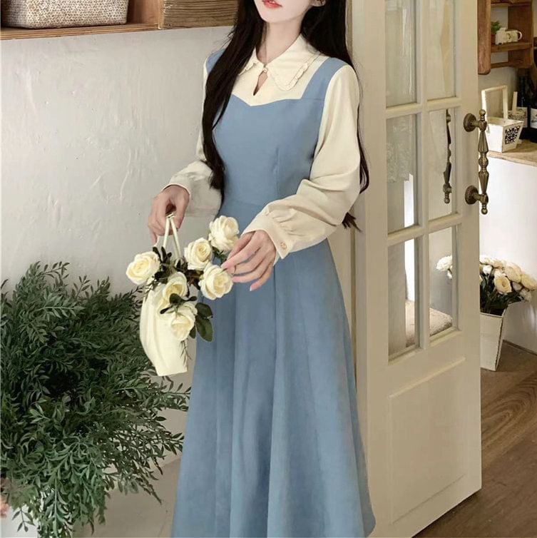 Tone Two-Piece Two Midi Long-Sleeve Mock Dress A-Line