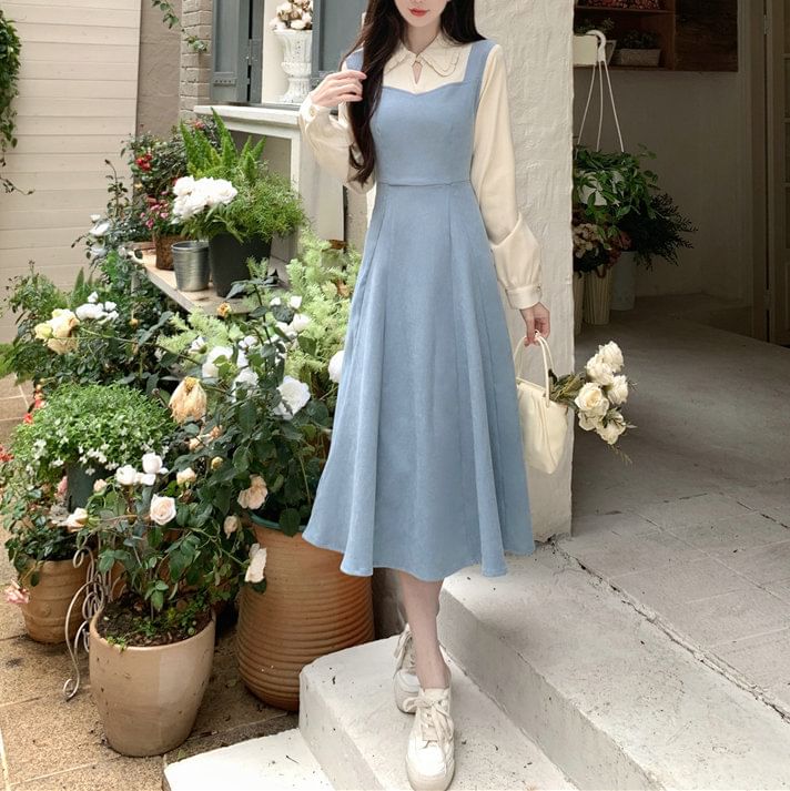 Tone Two-Piece Two Midi Long-Sleeve Mock Dress A-Line