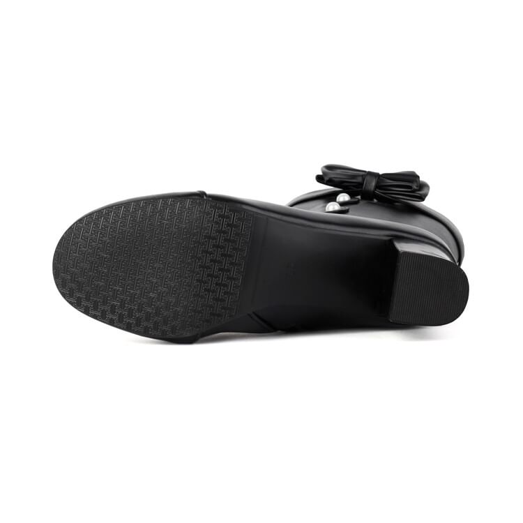 Mid-Calf Pearl Boots Chunky Heel Faux