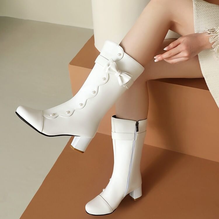 Mid-Calf Pearl Boots Chunky Heel Faux