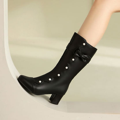 Faux Pearl Chunky Heel Mid