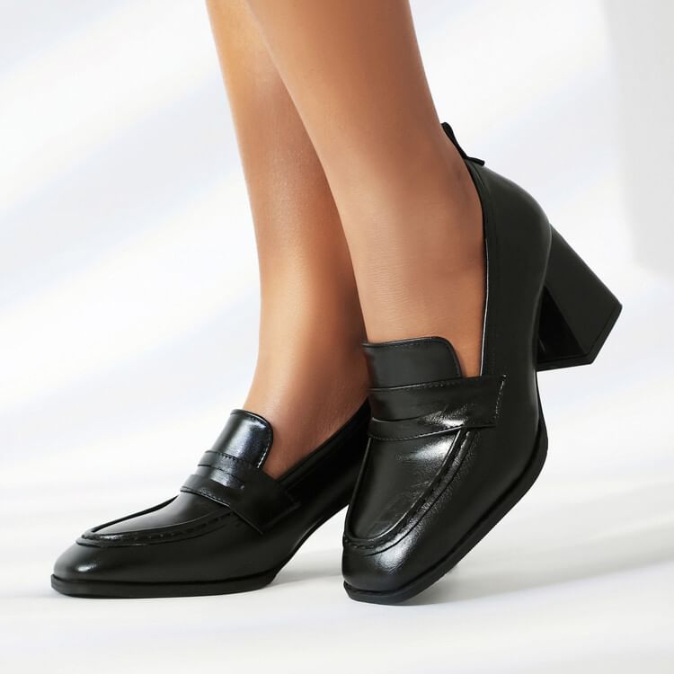 Faux Loafers Chunky Leather Heel Penny