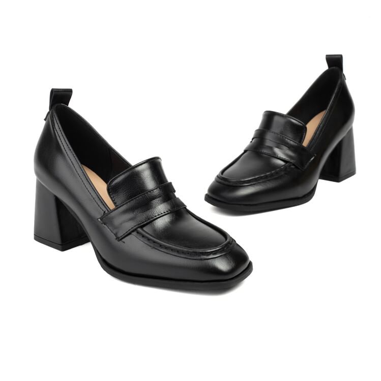 Faux Loafers Chunky Leather Heel Penny