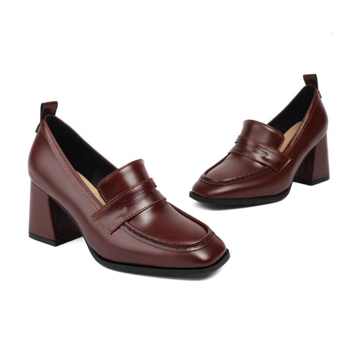 Faux Loafers Chunky Leather Heel Penny