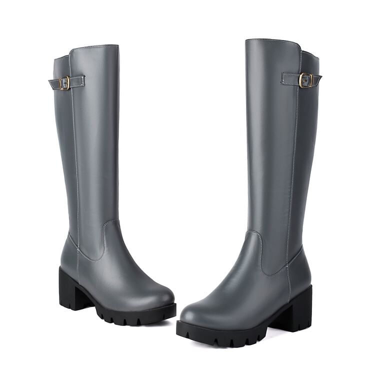 Heel Tall Buckled Boots Chunky