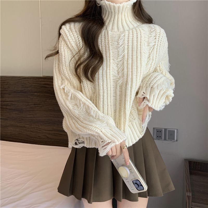 Distressed Turtleneck Cropped Sweater in 5 Colors