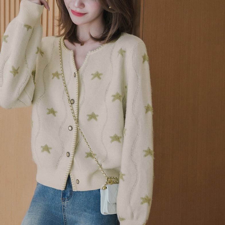 Star-Jacquard V-Neck Cardigan