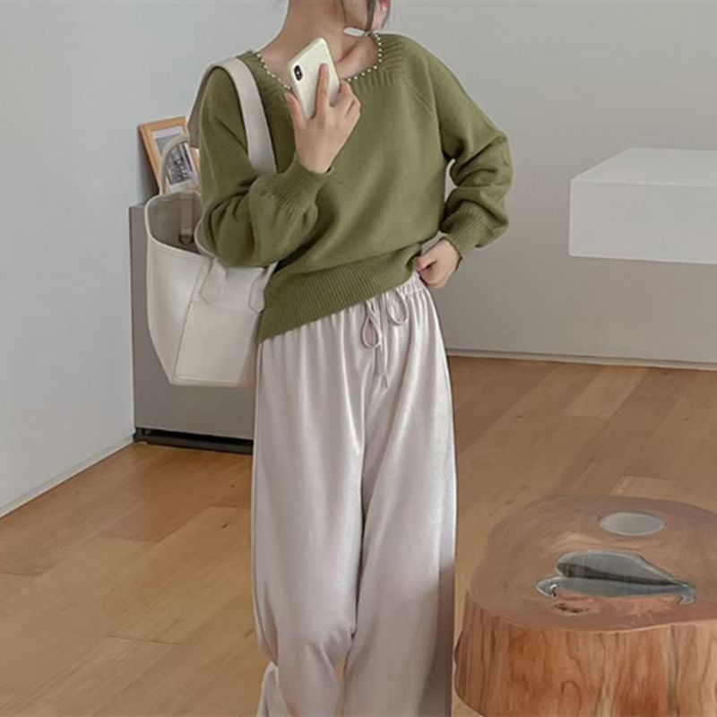 Pearl-Trim Square-Neck Loose Sweater in 5 Colors