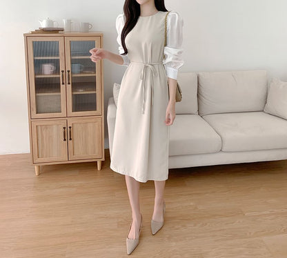 Puff-Sleeve Crew Neck Plain Tie Waist Midi Sheath Dress