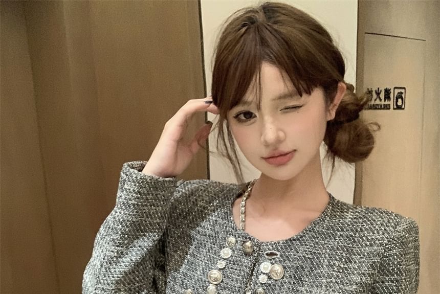 Set: Crew Neck Button-Up Tweed Crop Jacket + High Waist Wide Leg Pants