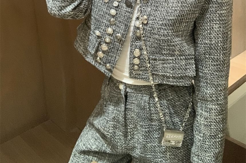 Set: Crew Neck Button-Up Tweed Crop Jacket + High Waist Wide Leg Pants