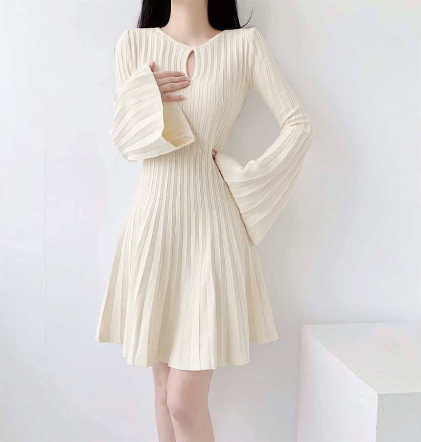 Flared-Sleeve Plain Cutout Ribbed Knit Mini A-Line Dress