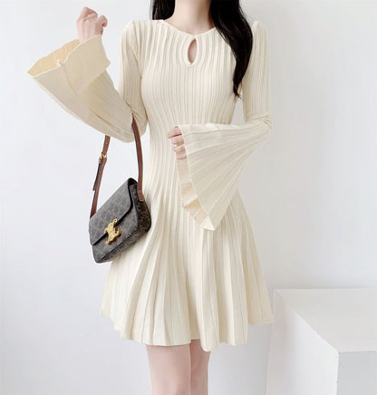 Flared-Sleeve Plain Cutout Ribbed Knit Mini A-Line Dress