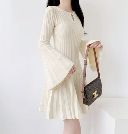 Flared-Sleeve Plain Cutout Ribbed Knit Mini A-Line Dress