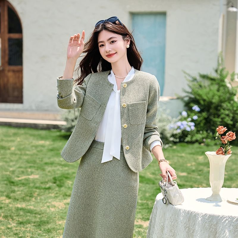 Button-Up Tweed Jacket / High Waist Maxi Skirt / Set