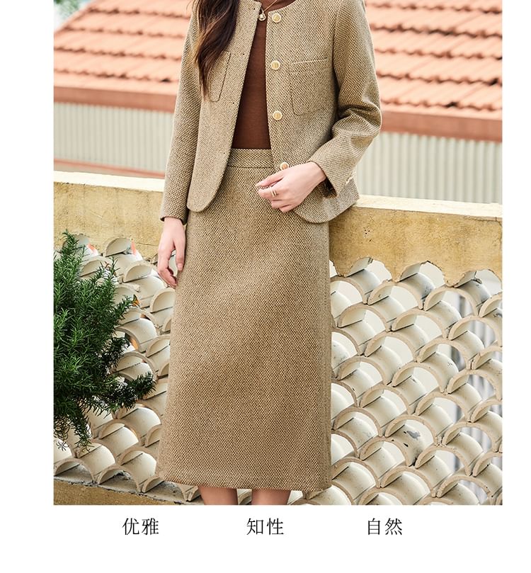 Button-Up Tweed Jacket / High Waist Maxi Skirt / Set