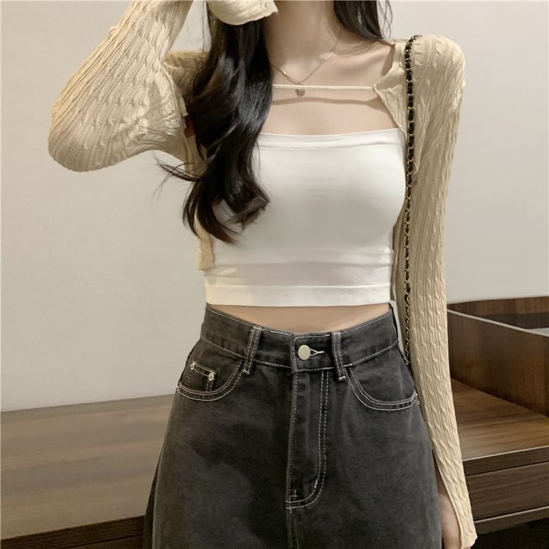 Cable Knit Cropped Solid Cardigan