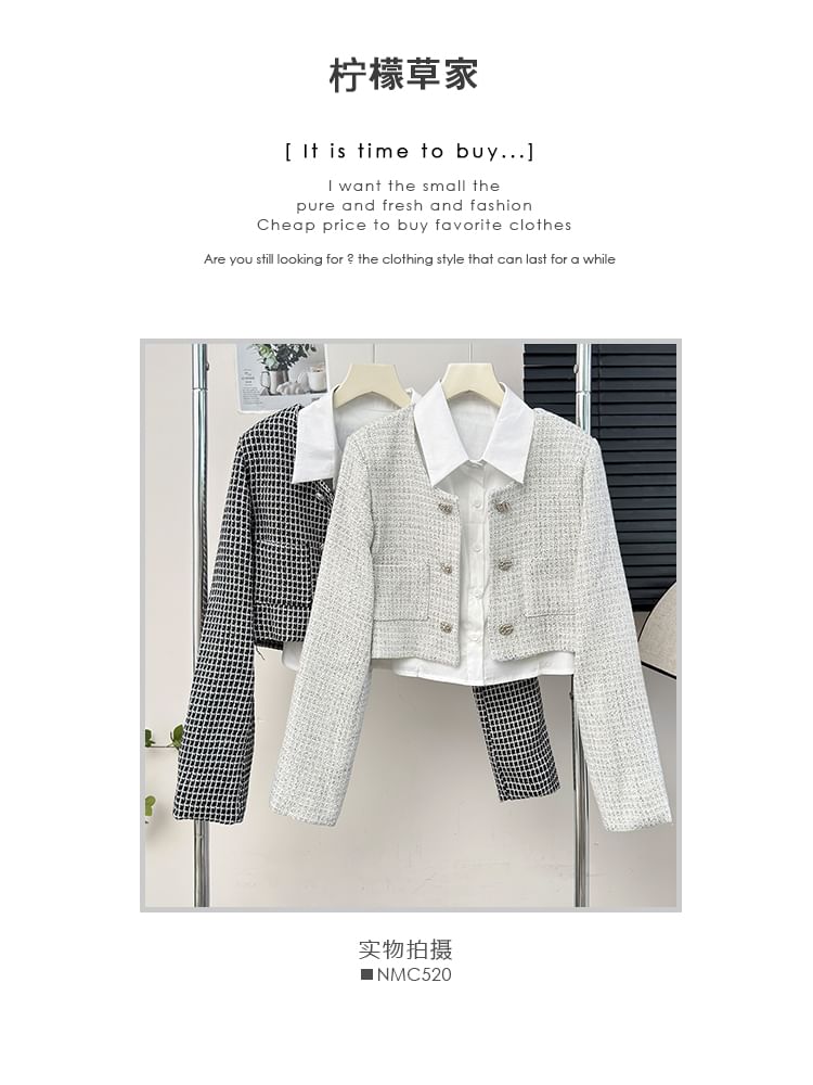 Set: Square-Neck Tweed Jacket + Sleeveless Crop Shirt
