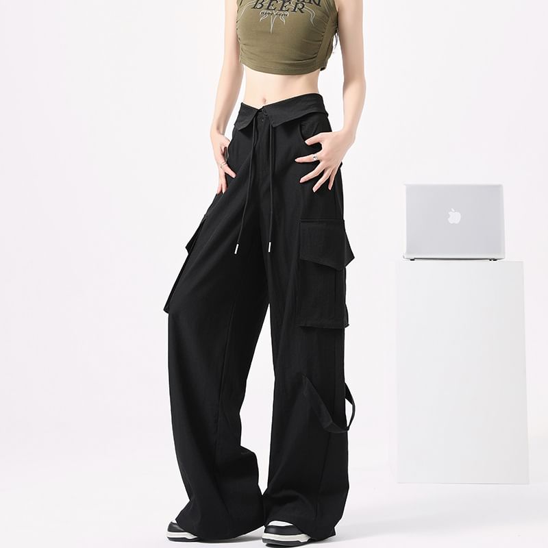 High Waist Folded Waistline Plain Straight-Fit Wide-Leg Cargo Pants