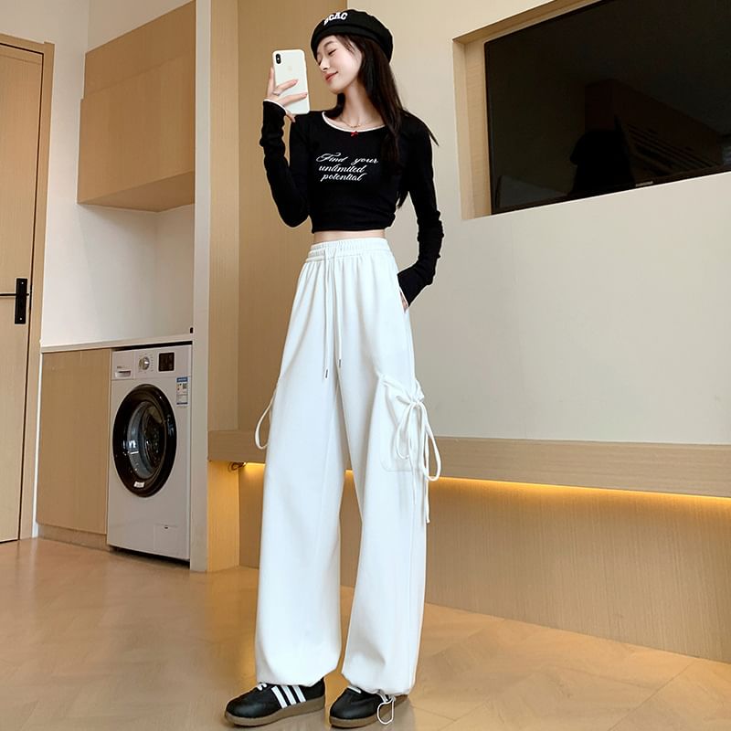 High Rise Plain Bow Accent Loose-Fit Wide-Leg Sweatpants