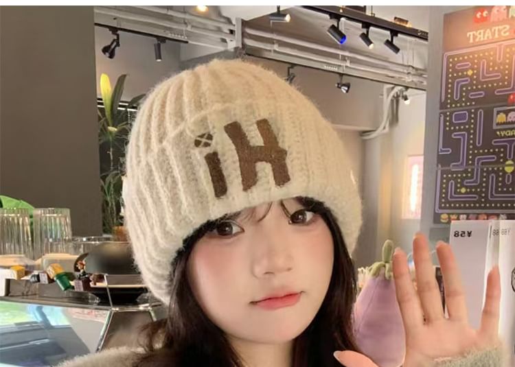Embroidered Lettering Beanie Knit