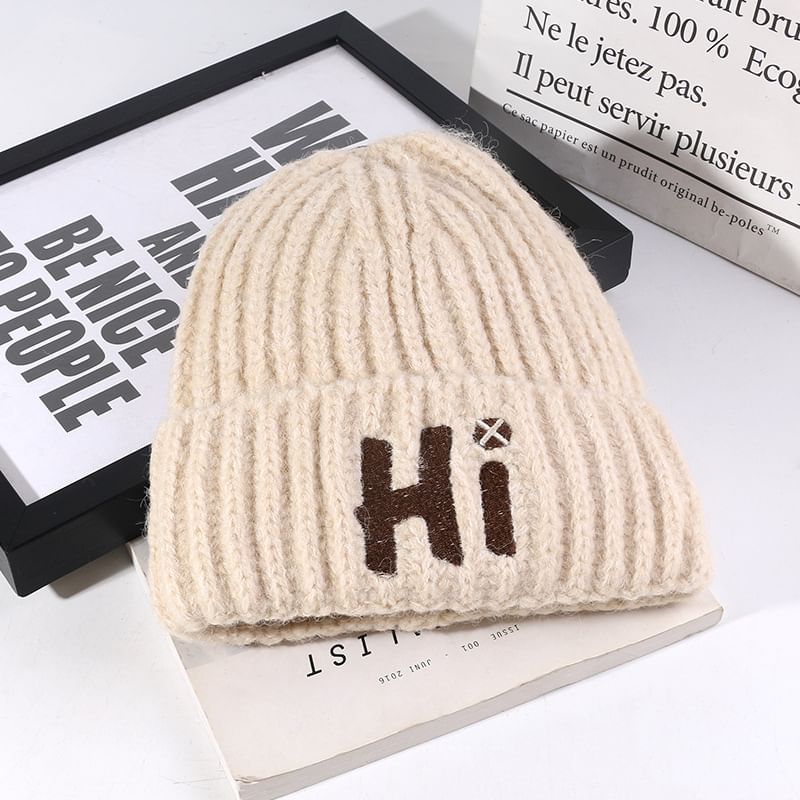 Embroidered Lettering Beanie Knit