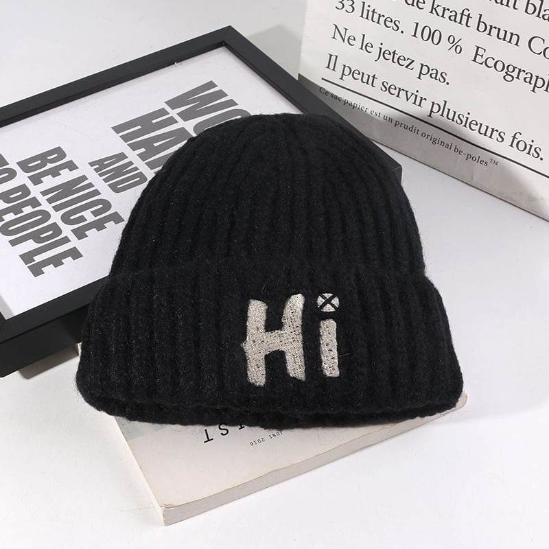 Embroidered Lettering Beanie Knit