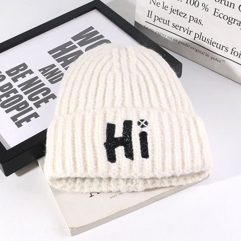 Embroidered Lettering Beanie Knit