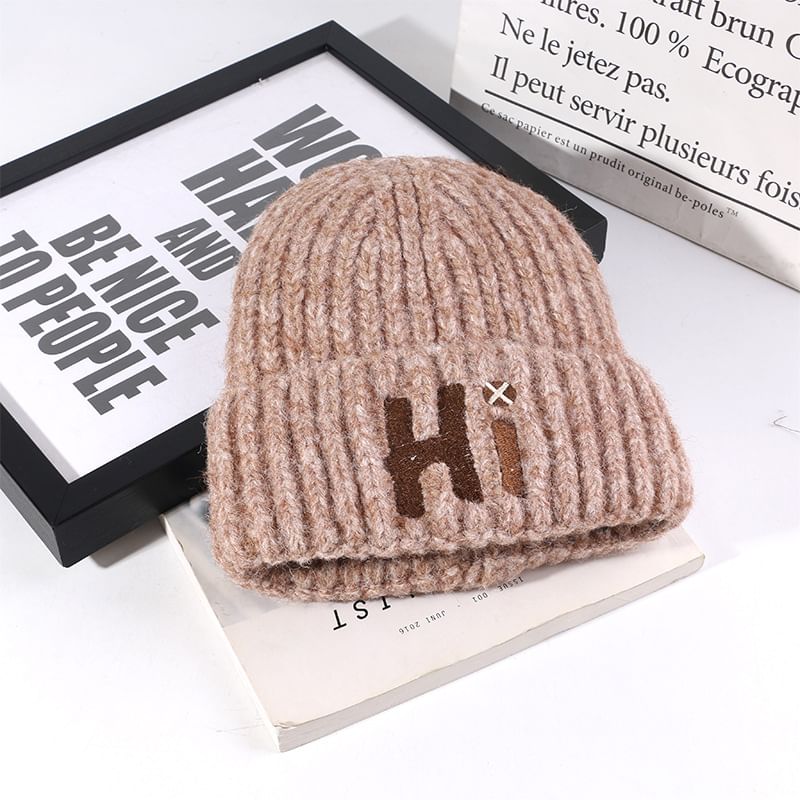 Embroidered Lettering Beanie Knit