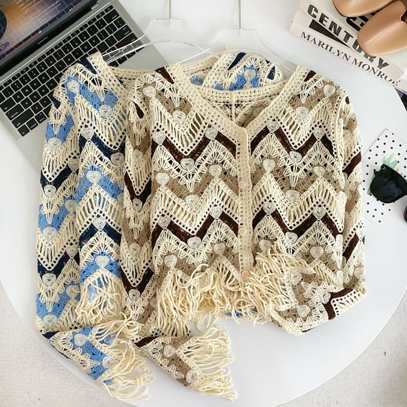 Colorblock V-Neck Fringed Cropped Cardigan