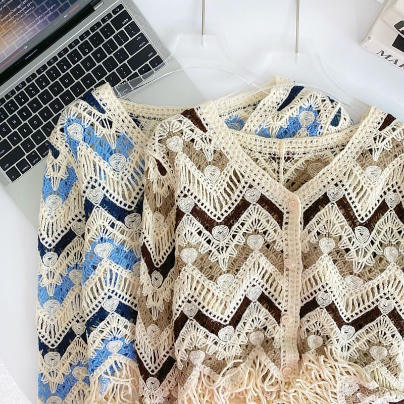 Colorblock V-Neck Fringed Cropped Cardigan
