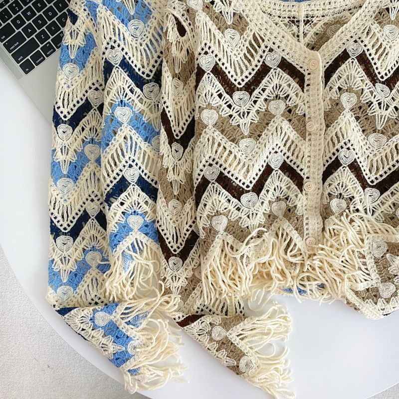 Colorblock V-Neck Fringed Cropped Cardigan