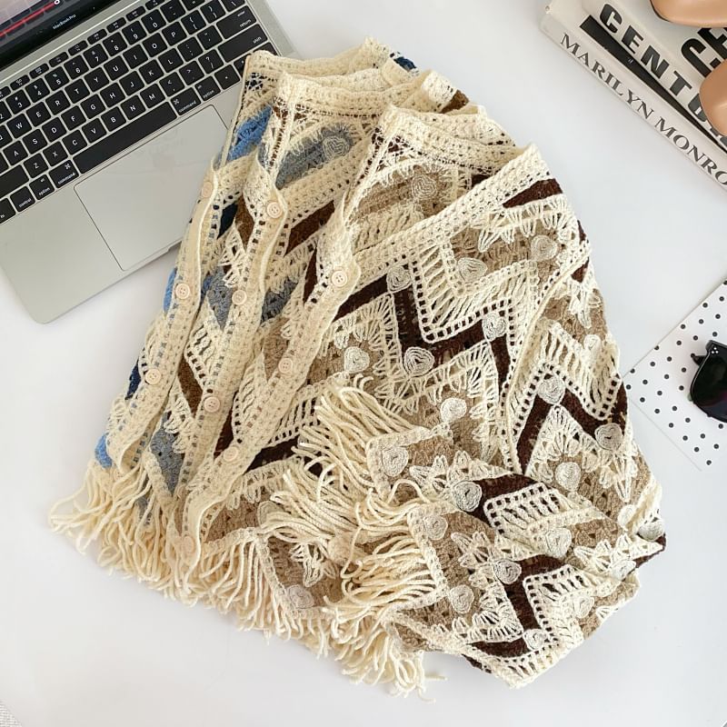Colorblock V-Neck Fringed Cropped Cardigan