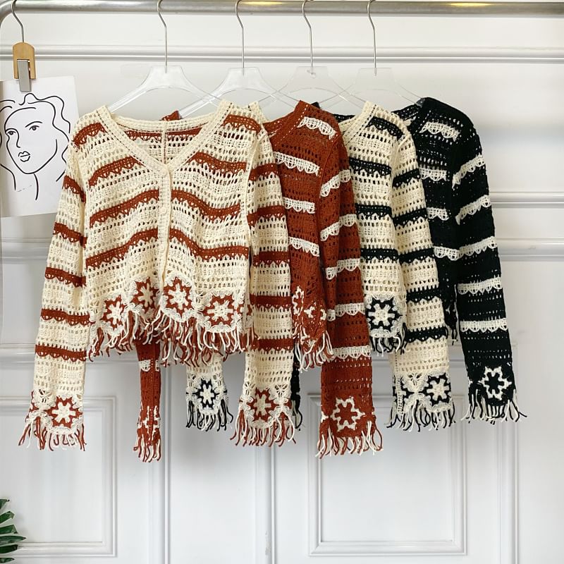 Fringed V-Neck Striped Knit Cardigan