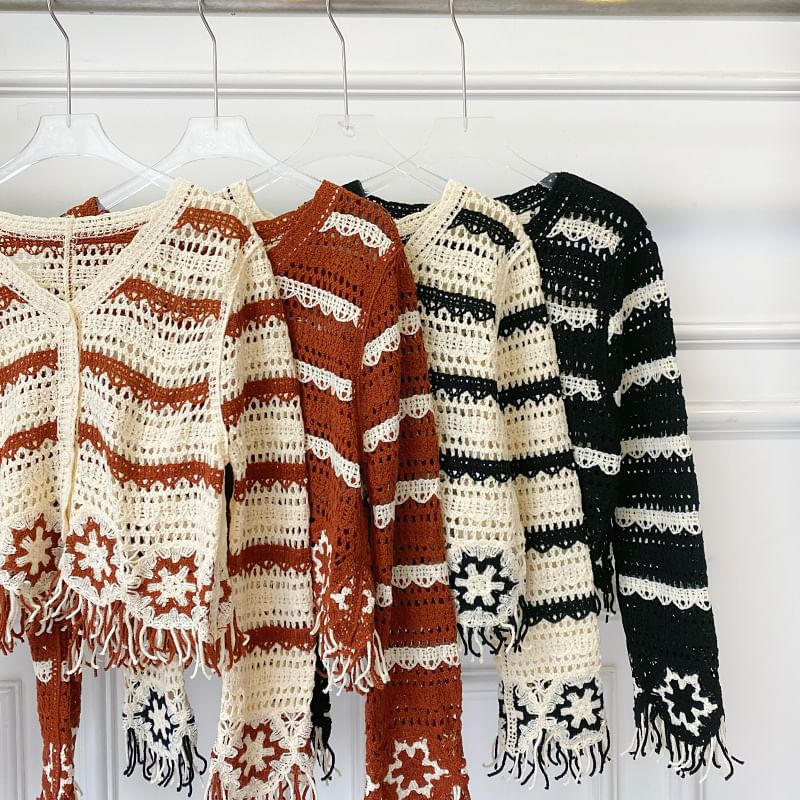 Fringed V-Neck Striped Knit Cardigan