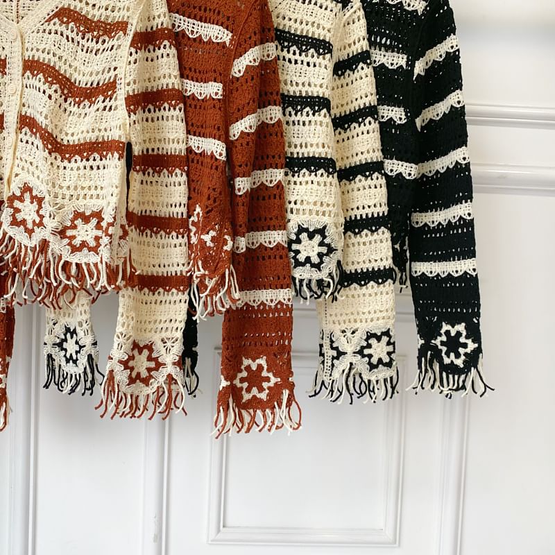 Fringed V-Neck Striped Knit Cardigan