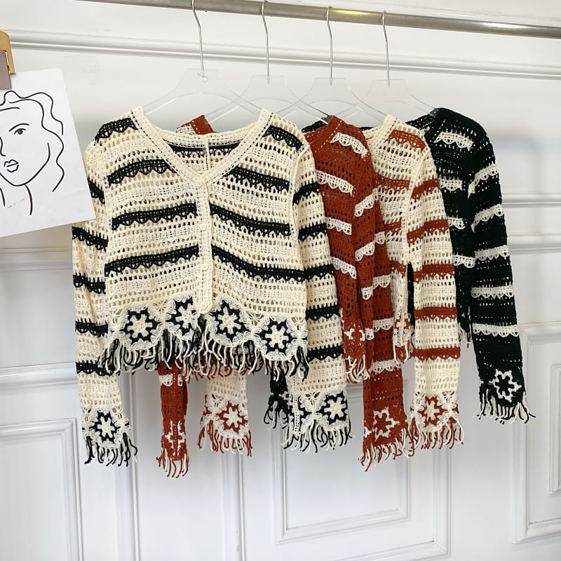 Fringed V-Neck Striped Knit Cardigan