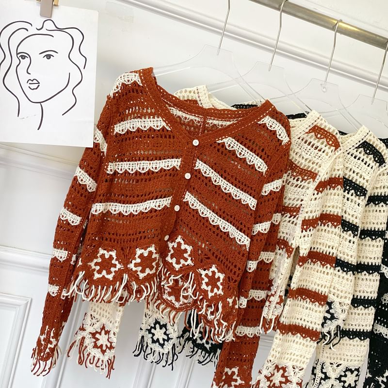 Fringed V-Neck Striped Knit Cardigan