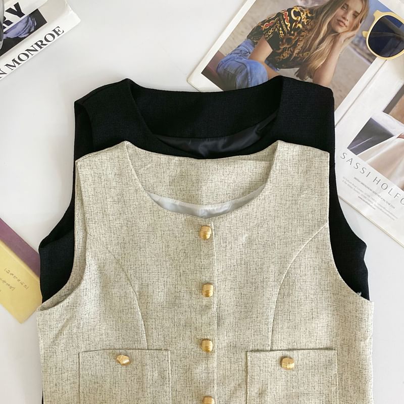 Round Neck Tweed Button Vest