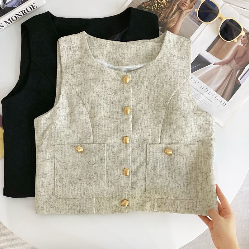 Round Neck Tweed Button Vest