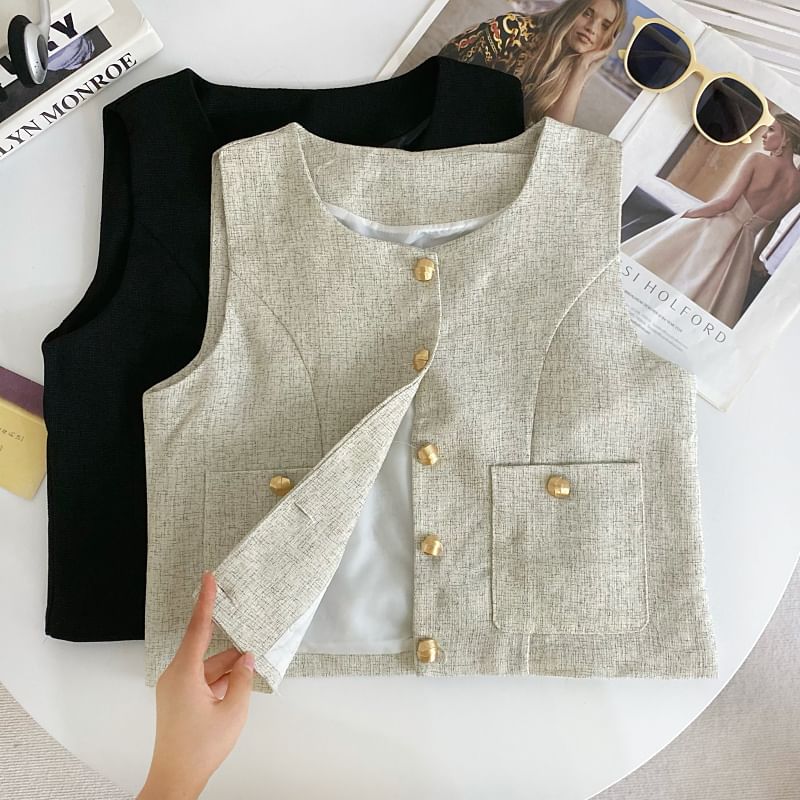 Round Neck Tweed Button Vest