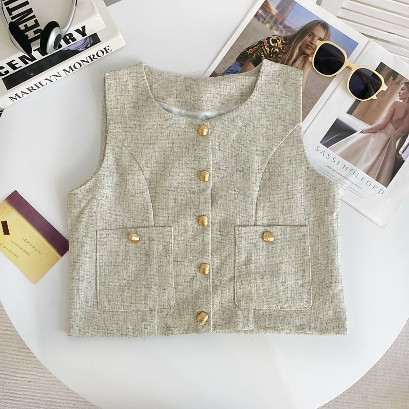 Round Neck Tweed Button Vest