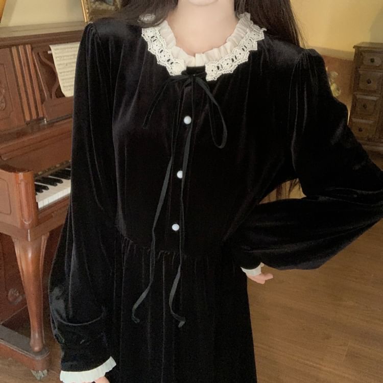 Long Sleeve Peter Pan Collar Lace Trim Velvet Midi A-Line Dress