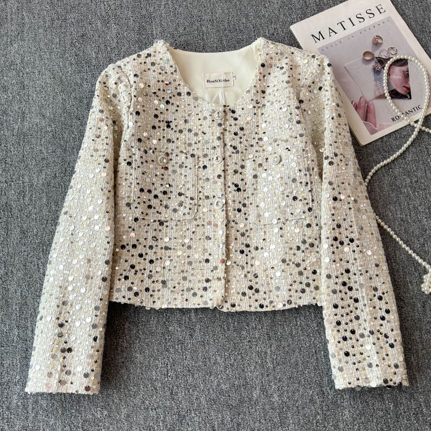 Round Neck Sequin Tweed Cropped Jacket