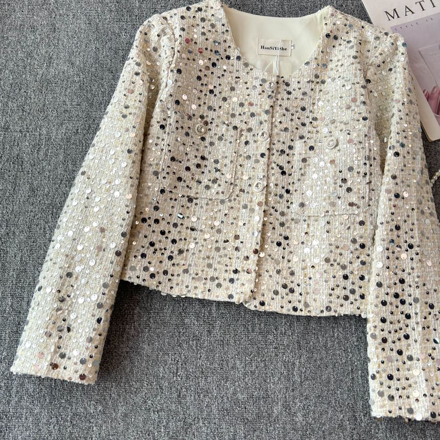 Round Neck Sequin Tweed Cropped Jacket