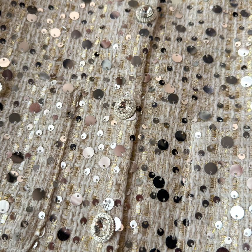 Round Neck Sequin Tweed Cropped Jacket