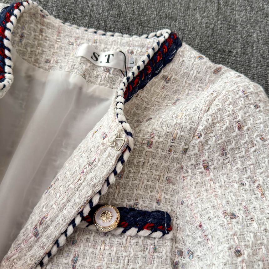 Long Sleeve Braided Trim Tweed Blazer