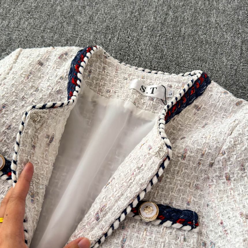 Long Sleeve Braided Trim Tweed Blazer