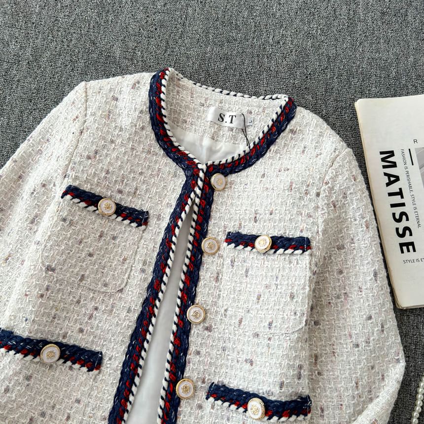 Long Sleeve Braided Trim Tweed Blazer